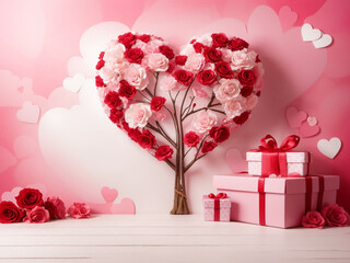 Valentine's day background with heart tree and gift boxes