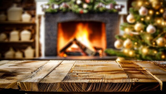 Wooden table in front of fireplace with wood burning in background, fireplace with christmas decorations, an empty wooden table,. New year, Christmas background fireplace with christmas decorations