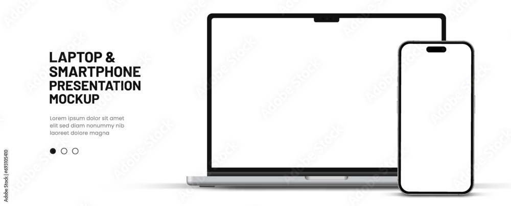 Poster Modern laptop mockup front view and smartphone mockup high quality isolated on white background. Notebook mockup and phone device mockup for ui ux app and website presentation Stock Vector.