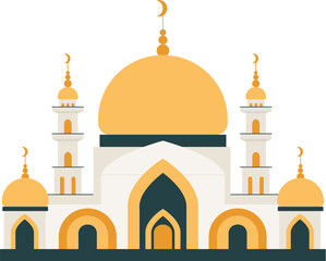 Arabic mosque with golden domes and minaret towers. Isolated simple flat style religious temple. Front view. Muslim faith place building. Middle east architecture.