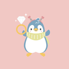cute and lovely penguin holding diamond ring, happy valentine's day, love concept, flat vector illustration cartoon character costume design