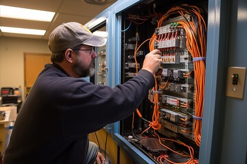 Experienced male electrician carefully installing electrical equipment in a switchboard - obrazy, fototapety, plakaty