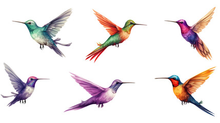 beautiful collection set of diffrent hummingbird birds in flight isolated on white or transparent png
