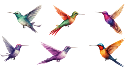 beautiful collection set of diffrent hummingbird birds in flight isolated on white or transparent png
