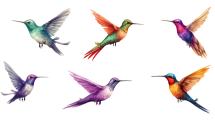 Tuinposter beautiful collection set of diffrent hummingbird birds in flight isolated on white or transparent png © David Kreuzberg