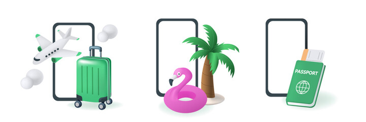 Obraz premium Travel and vacation concept set. Airplane, luggage, tickets and other summer beach journey items on smartphones. Realistic vector illustration isolated on white background.