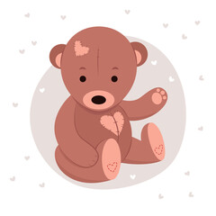 A cute teddy bear sits and waves its paw. Vector illustration.