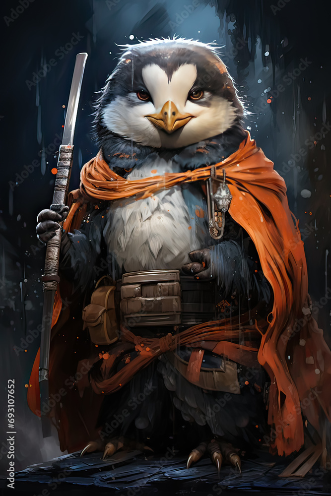 Poster an armored penguin strikes an adorable pose in this unique portrait, combining fantasy and charm in 