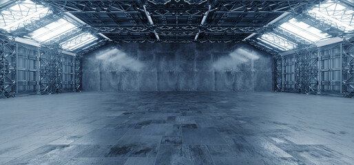 Bright Futuristic Sci Fi Massive Warehouse Hangar Concrete Metal Structure Alien Tunnel Corridor Huge Room Glowing Lights Cyber Stage Showroom Parking 3D Rendering - obrazy, fototapety, plakaty