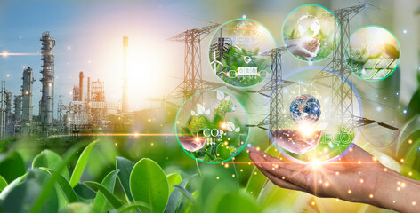 Ideas for reducing CO2 emissions, turning to clean energy for a green world and green industry. Carbon Footprint,ECO,ESG,CRS