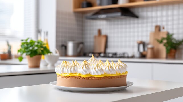 Lemon meringue pie and lemon desserts on kitchen background, perfect for text placement