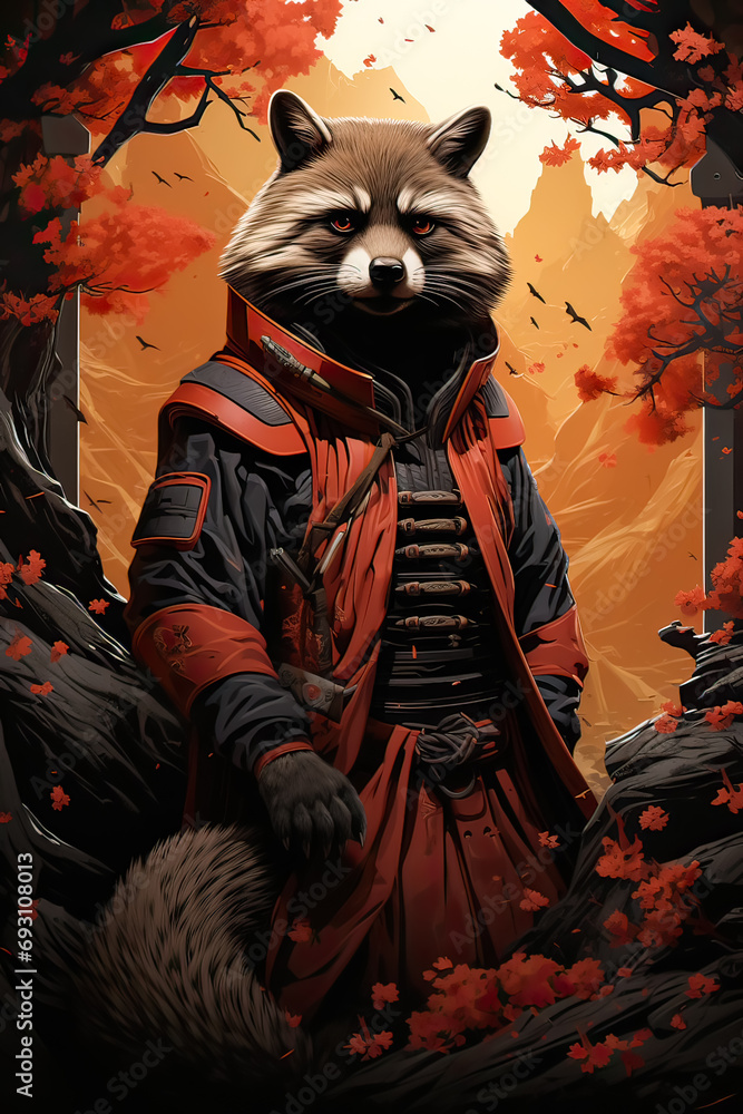 Poster a raccoon in armor strikes a captivating pose in this unique portrait, blending fantasy and charm in