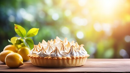 Homemade lemon meringue pie and lemon desserts in a kitchen with blurred background and copy space