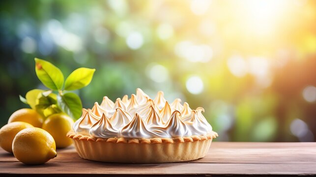 Homemade lemon meringue pie and lemon desserts in a kitchen with blurred background and copy space