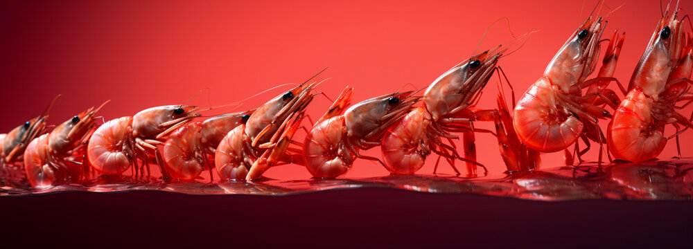 Shrimp on a red background, generative AI