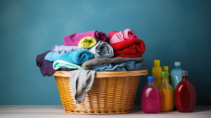 Basket of chemical and alternative eco detergent, cleaning and laundry products on a table with towels and blue background. Front view. Horizontal composition.