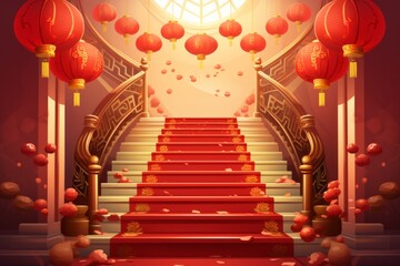 Chinese illustration. Stairs in asian new year or spring entry realistic greeting poster, red lanterns, curtains traditional festive china lunar calendar - obrazy, fototapety, plakaty