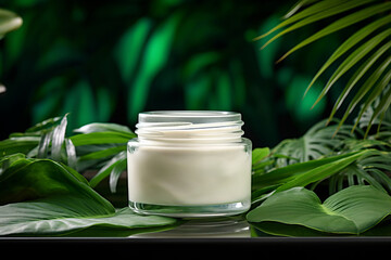 Obraz na płótnie Canvas Cosmetic Cream in Glass Jar with Tropical Leaves