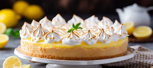 Home baking  lemon meringue pie and lemon desserts in kitchen with blurred background