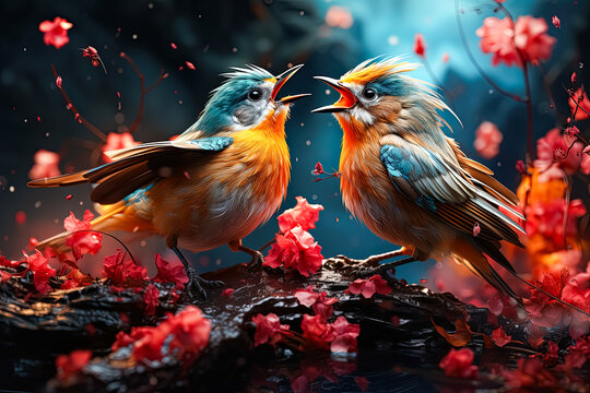 Spring symphony, Birds serenade amidst blossoms, beaks open in a vibrant melody. Capturing the essence of natures harmony in this delightful stock photo.