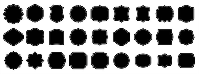 Set of black blank labels with cute white frame vector illustration isolated on white. Price tag, sale sticker, quality mark, sale or discount sticker, promotional badge set, shopping labels - obrazy, fototapety, plakaty