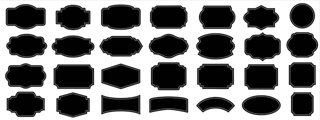 Set of black blank labels with cute white frame vector illustration isolated on white. Price tag, sale sticker, quality mark, sale or discount sticker, promotional badge set, shopping labels