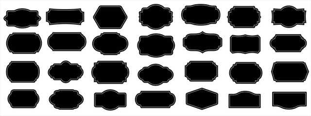 Set of black blank labels with cute white frame vector illustration isolated on white. Price tag, sale sticker, quality mark, sale or discount sticker, promotional badge set, shopping labels