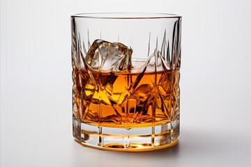 Whisky glass with golden amber liquor on white background, ideal for text placement and branding