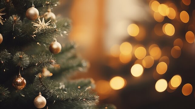 Golden baubles christmas tree close up with sparkling lights   festive and magical wide banner