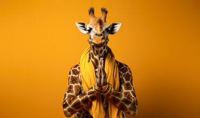 Sunny elegance, Giraffe portrait on a cheerful yellow backdrop, a striking blend of grace and...