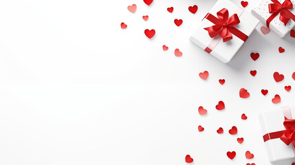A white gift box with red hearts on a white background symbolizes celebration and love for occasions like Valentine's Day, weddings, or birthdays.