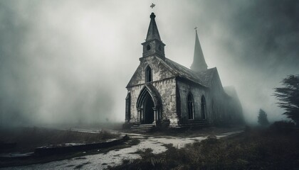 church in the fog - obrazy, fototapety, plakaty
