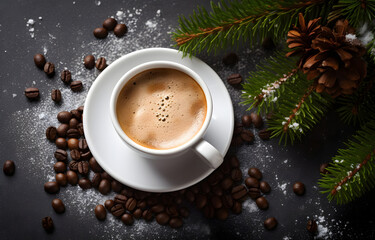Obraz na płótnie Canvas coffee cup and coffee beans on grey snowy background top view