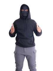 An unidentified male criminal wearing a black hoodie and covering his face stands with a thumbs up....