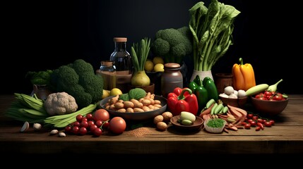 Healthy food background with fresh vegetables and fruits on wooden table.
