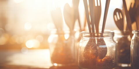 Sunlit Rustic Kitchen Utensils and Spices