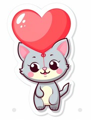 Obraz na płótnie Canvas Cartoon sticker cute kitten with red balloon, AI