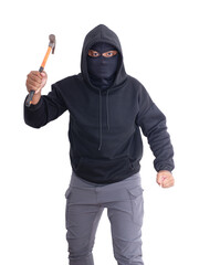 Unidentified male criminal wearing a black hoodie and covering his face holding a hammer in various poses. On a white background with cliping path. thief.weapon, crime.burglar,cat paw,burglar