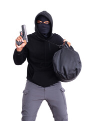 An unidentified male criminal wearing a black hoodie and covering his face, holding a handgun and...