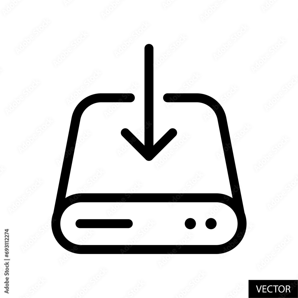 Poster hard drive and downward arrow symbol, download file, save to computer vector icon in line style desi