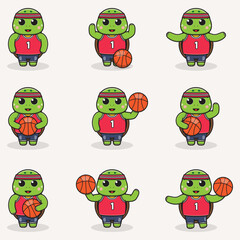 Funny Turtle Basketball cartoon set. Turtle Basketball set. Cute cartoon character vector set isolated on a white background. Cartoon animal sport. Animal cartoon. 