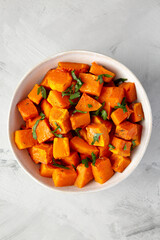 Home-baked Butternut Squash with Herbs and Spices, top view. Flat lay, overhead, from above.