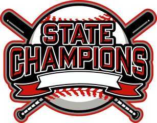 state champions in baseball team design with ball and banner for school, college or league sports