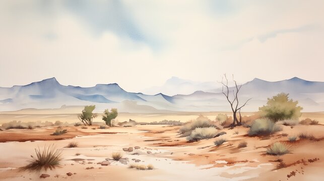 Watercolor wasteland landscape