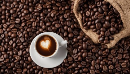 Fototapeta premium cup of filter coffee, coffee beans, sack, decorative background 