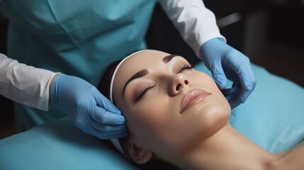 Fototapeta premium Cosmetic surgery, beauty, Surgeon or beautician touching woman face, surgical procedure that involve altering shape of eye, medical assistance, eyelid surgery, double eyelid, big eyes, ptosis