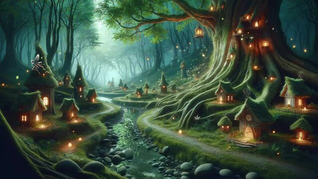 Here is a village deep in the forest where small fairies live. At night, a fairy began to fly. background art, wallpaper. generative AI.