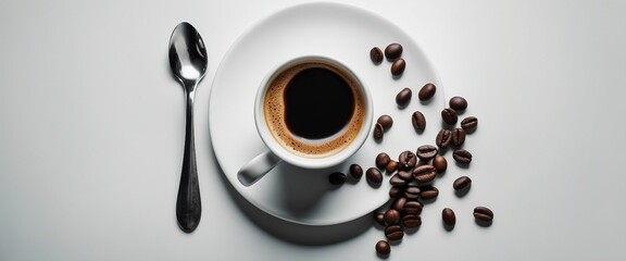 hot espresso and coffee bean on white table, directly above view
