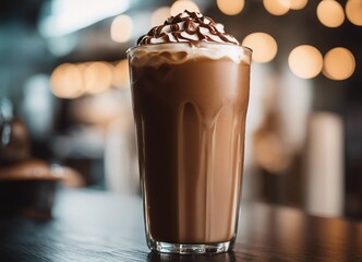 iced mocha latte on cozy coffee table, blurry background with lights
