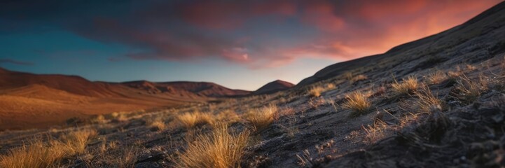 Obraz premium Landscape of a hillside at sunset. Dry grass in the light of the setting sun in close-up.